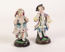 PAIR OF NINETEENTH CENTURY CONTINENTAL FIGURES OF A COURTIER AND HIS COMPANION, painted I colours