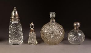 THREE CUT GLASS PERFUME BOTTLES WITH SILVER COLLARS, two orbicular, one with screw-off silver cover,