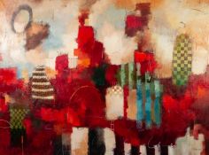 JOHN AND ELLI MILAN (MODERN) MIXED MEDIA ON CANVAS ?Abstract Skyline? Signed, titled to gallery