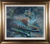 ROLF HARRIS (b.1930) ARTIST SIGNED LIMITED EDITION COLOUR PRINT ?Leopard Reclining at Dusk?, (46/