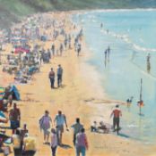 HILARY BURNETT COOPER (MODERN) OIL ON BOARD ?Enjoying the Sands? Signed, titled to gallery label