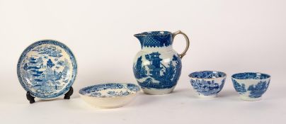 EARLY 19th CENTURY STAFFORDSHIRE POTTERY JUG, transfer printed in underglaze blue with chinoserie