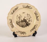 A CIRCA 1775 LIVERPOOL OR STAFFORDSHIRE CREAMWARE SCALLOPED PLATE, transfer printed in black with