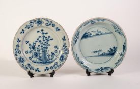 AN EIGHTEENTH CENTURY BRISTOL DELFT PLATE, painted with simple chinoiserie landscape and stylised