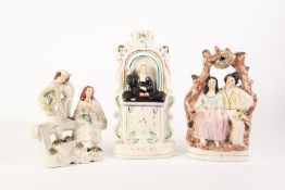 THREE VICTORIAN STAFFORDSHIRE POTTERY MANTELSHELF FLAT BACK ORNAMENTS including named John Wesley