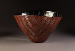 MODERN KOSTA BODA HAND PAINTED MOULDED GLASS BOWL, of oval tapering form, decorated with abstract,