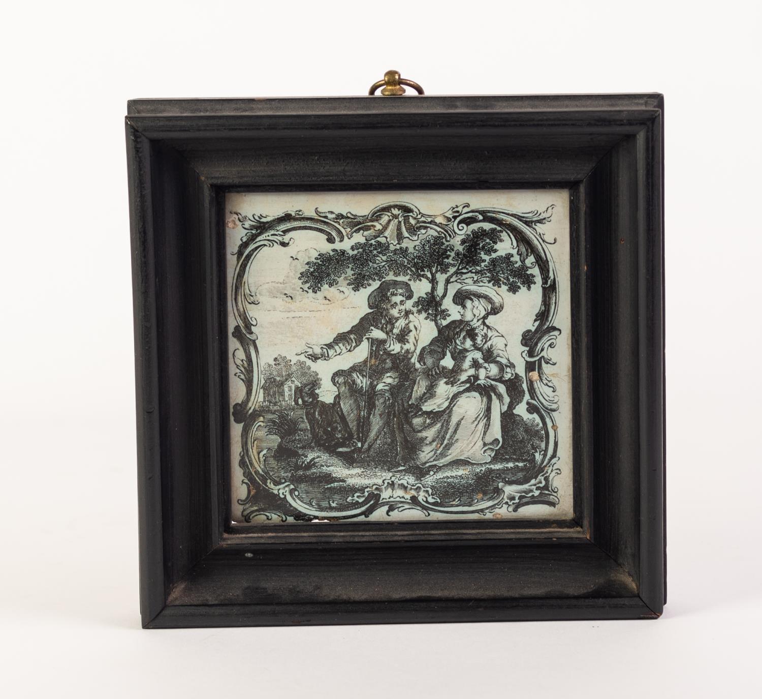 A RARE CIRCA 1757-61 TIN GLAZED EARTHENWARE TILE, transfer printed in black by John Sadler,