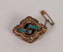 VICTORIAN GOLD COLOURED METAL QUATREFOIL BROOCH, crossbanded with two rows of small turquoise (one