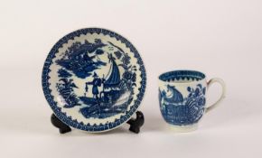 LATE 18th CENTURY CAUGHLEY PORCELAIN TEACUP AND SAUCER, transfer printed in underglaze blue with