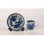 LATE 18th CENTURY CAUGHLEY PORCELAIN TEACUP AND SAUCER, transfer printed in underglaze blue with