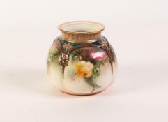 HADLEY?S WORCESTER HAND PAINTED CHINA POT POURRI VASE, of lobated, squat form, decorated with yellow