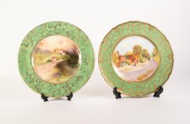 TWO ROYAL DOULTON SIGNED AND HAND PAINTED CHINA CABINET PLATES WITH GREEN AND GILT BORDERS, one by