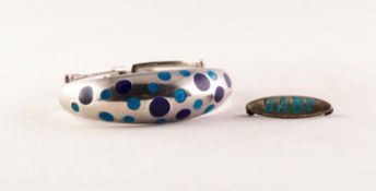SILVER BANGLE, the broad domed top having blue and purple enamelled dot pattern, 1 oz; a small