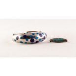 SILVER BANGLE, the broad domed top having blue and purple enamelled dot pattern, 1 oz; a small