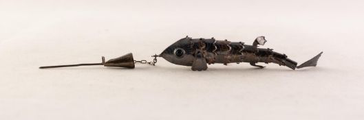 STERLING SILVER ARTICULATED FISH with blue stone set eyes, 2 3/4in (7cm) long, suspended on a FINE