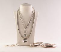 PROBABLY SILVER, UNMARKED ARTICULATED LINK NECKLACE, two silver stiff BANGLES, a white metal and