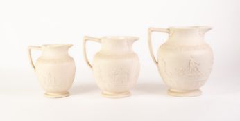 THREE EARLY 1800's  HERCULANEUM POTTERY, LIVERPOOL GRADUATED EARTHENWARE JUGS, the unglazed cream