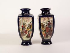 PAIR OF EARLY 20th CENTURY JAPANESE EARTHENWARE SQUARE SECTION VASES, each painted with opposing