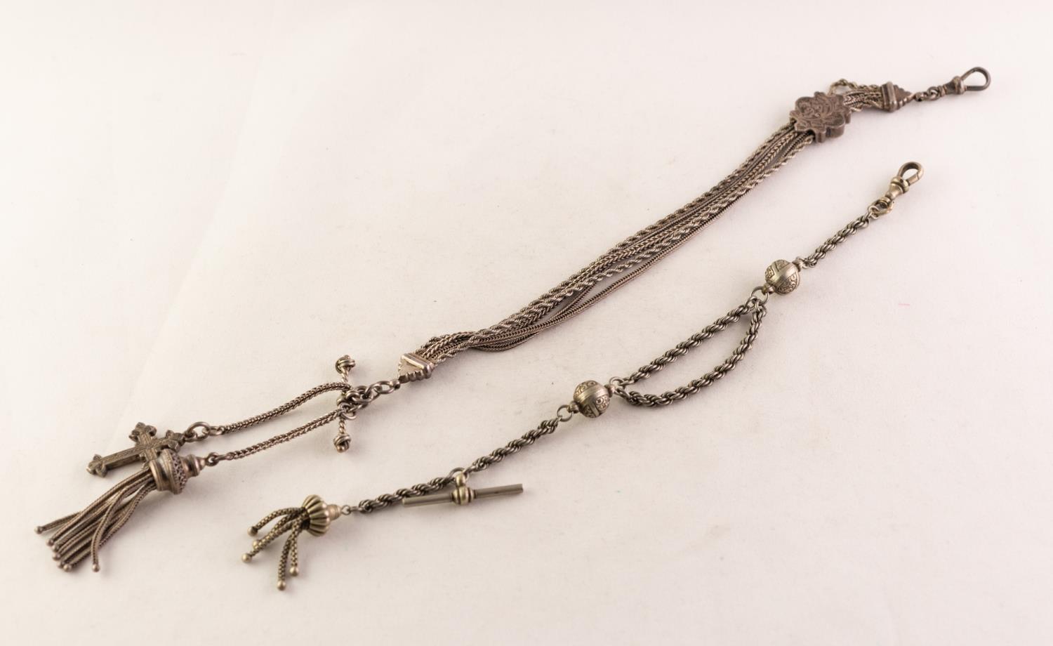 VICTORIAN SILVER COLOURED METAL DRESS ALBERT with five strands and gold embossed floral slide, fancy