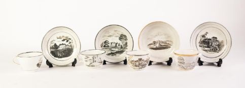 FOUR SIMILAR EARLY 19th CENTURY STAFFORDSHIRE PORCELAIN AND POTTERY TEACUPS AND SAUCERS, each set