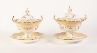 PAIR OF NINETEENTH CENTURY ENGLISH CHINA TWO HANDLED PEDESTAL SAUCE TUREENS WITH COVERS AND