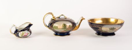 RUSSIAN PORCELAIN TEAPOT, of compressed, footed form with rustic handle and knop, painted with