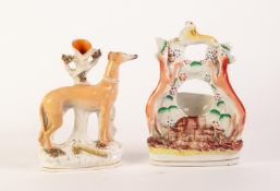 NINETEENTH CENTURY STAFFORDSHIRE FLAT BACK POTTERY GREYHOUND WATCH HOLDER GROUP, painted in