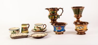 FOUR PIECES OF NINETEENTH CENTURY COPPER LUSTRE POTTERY, comprising, GOBLET, PEDESTAL MILK JUG AND