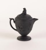 LATE EIGHTEENTH CENTURY WEDGWOOD BLACK BASALT PEDESTAL LIDDED CREAM JUG, with scroll handle and