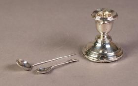 GEORGE V WEIGHTED SILVER CANDLE HOLDER, Birmingham 1924, together with TWO SILVER SALT SPOONS, (3)