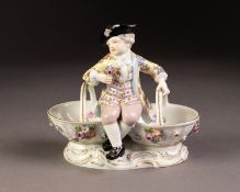 19th CENTURY MEISSEN PORCELAIN TABLE CONDIMENT OR BON BON DISH formed of a yound male figure in 18th