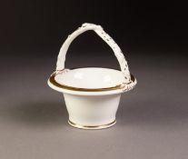 ROCKINGHAM PORCELAIN BASKET WITH OVERHEAD RUSTIC HANDLES, plain excepting gilt bands and accentuated