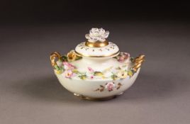 19th CENTURY, POSSIBLY ROCKINGHAM, PORCELAIN INKWELL, WITH REMOVABLE FLOWER STOPPER, the two handled