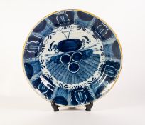 LATE EIGHTEENTH CENTURY BLUE AND WHITE DUTCH DELFT POTTERY WAAIERBORD OR PEACOCK PLATE, of dished