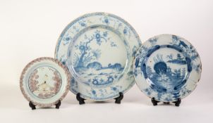 AN EIGHTEENTH CENTURY LIVERPOOL DELFT PLATE, decorated in blue with chinoiserie inspired birds