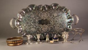 MIXED LOT ELECTROPLATE, to include: TWO HANDLED ROUND OBLONG TEA TRAY with chased floral centre