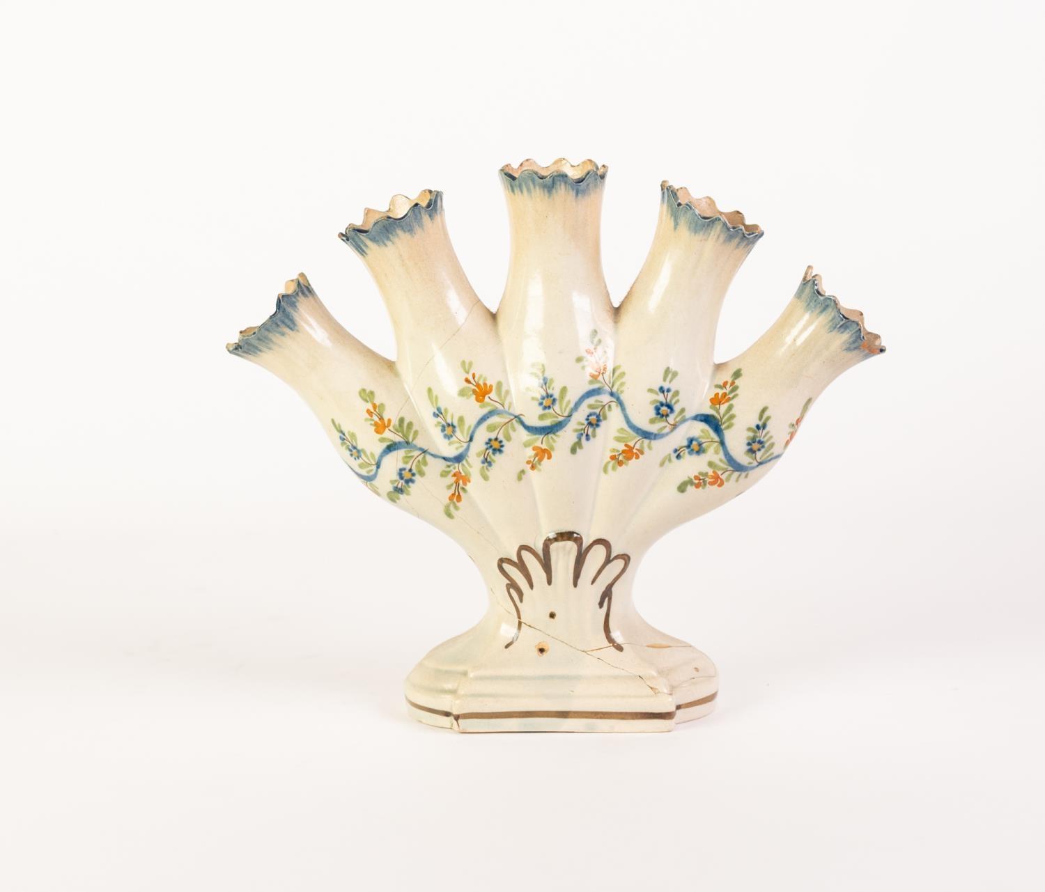 A CIRCA 1800 STAFFORDSHIRE PEARLWARE QUINTAL VASE, painted in Pratt type enamels with a floriated