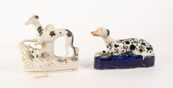 WELL MODELLED NINETEENTH CENTURY STAFFORDSHIRE POTTERY MODEL OF A PIEBALD GREYHOUND, modelled with