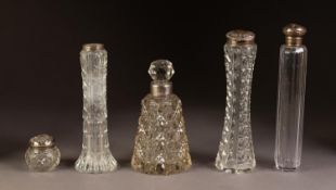 FIVE PIECES OF VICTORIAN AND LATER SILVER MOUNTED CUT GLASS, comprising: TALL FACET CUT TOILET JAR