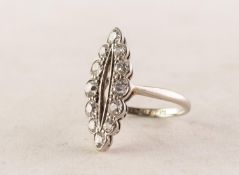 18ct WHITE GOLD AND PLATINUM MARQUISE SHAPED RING set with twelve small diamonds round the open