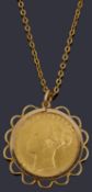 A Victorian 1880 sovereign pendant on chain