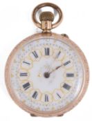 A Swiss ladies 14k gold open faced keyless pocket watch