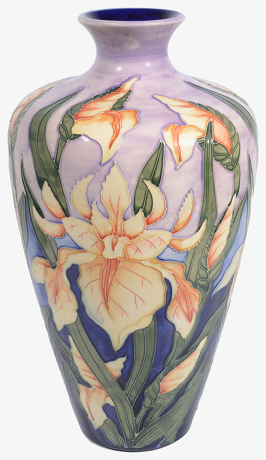 A modern Moorcroft pottery 'Windrush (Yellow Iris)' pattern vase designed by Debbie Hancock