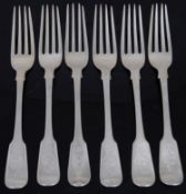 A matched set of six mostly Vict. silver fiddle pattern dinner forks