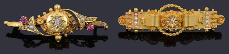 Two attractive Vict. 15ct gold Etruscan style diamond set brooches,