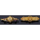 Two attractive Vict. 15ct gold Etruscan style diamond set brooches,