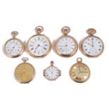 Seven gold plated keyless pocket watches to include a chronograph