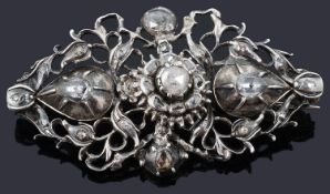 An attractive 18th c Georgian rose cut diamond set cluster scroll brooch