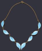 A silver gilt and colbolt blue enamel David Andersen leaf necklace