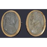 A pair of Victorian carved lava cameo brooches